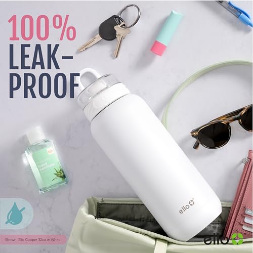 Ello Cooper 32oz Stainless Steel Water Bottle with Straw and Carry Handle, Double Walled and Vacuum Insulated Metal, Leak Proof Locking Lid with Soft Silicone Spout, Reusable, BPA Free, White - color: White, size: 32 Ounces