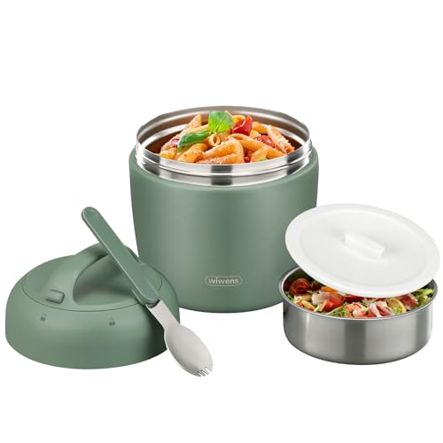 wiwens Thermo Food Jar for Hot Food Adults 32OZ Soup Thermo Lunch Containers Wide Mouth Vacuum Insulated Stainless Steel Leakproof Bento Box with Spoon - color: Green3