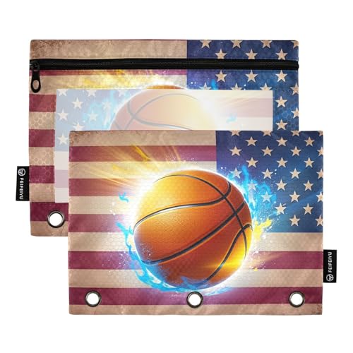 Gredecor Binder Pencil Pouch 3 Ring American Flag with Basketball Zipper Pencil Pouches Case 2 Pack Clear Binder Organizer for School Office - color: American Flag Basketball