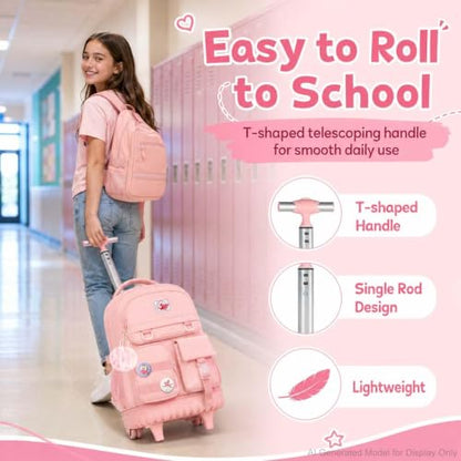 CCJPX Rolling Backpack for Girls Women, 21 inch Roller Wheels School Bookbag, Wheeled Suitcase Backpacks with Lunch Bag for Teen - Pink - color: Pink