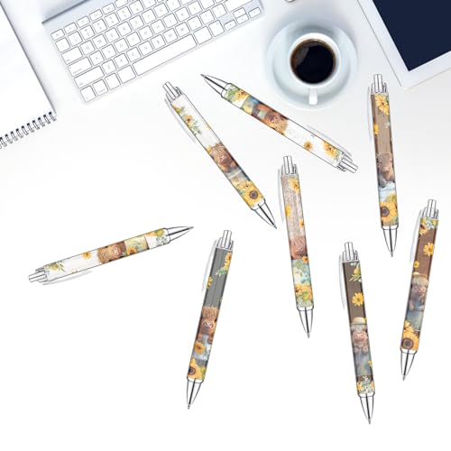 Idealmuzik 8 PCS Cute Highland Cow Print Pens, Cow Lovers Gifts, School Office Supplies, Gifts for Women Girls Teen Christmas New Year - style: Highland Cow