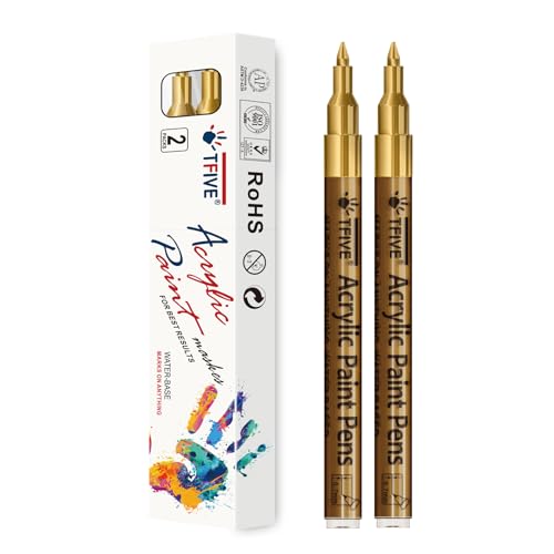 TFIVE Gold Paint Pens - 2 Pack Acrylic Permanent Markers, 0.7mm Extra Fine Tip for Art Projects, Drawing, Rock Painting, Ceramic, Glass, Wood, Plastic, Metal, Canvas DIY Crafts - color: Gold