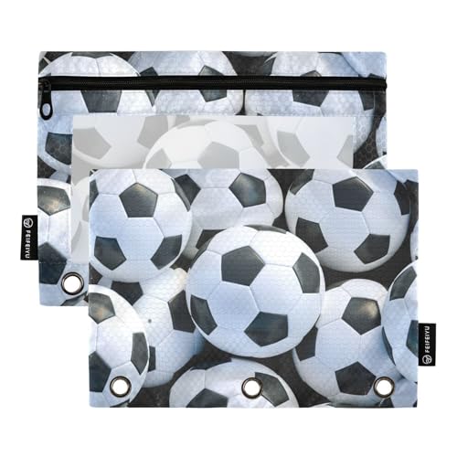 Soccer Pencil Pouch For 3 Ring Binder Clear Window Pencil Case For 3 Ring Reinforced Grommets With Zipper, 2 Pack - color: Soccer