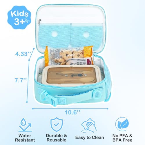 FlowFly Kids Lunch Bag, Durable Insulated School Lunch Box with Shoulder Strap and Bottle Holder, Water-resistant Thermal Small Lunch Cooler Tote for Teen Boys & Girls,Light Blue - color: Light#Blue
