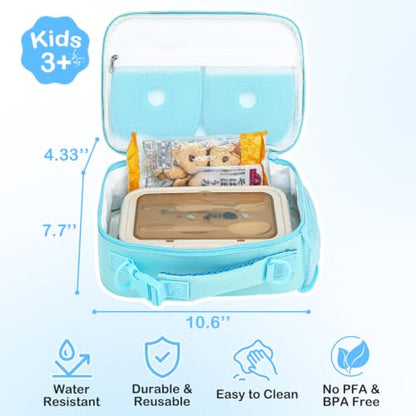 FlowFly Kids Lunch Bag, Durable Insulated School Lunch Box with Shoulder Strap and Bottle Holder, Water-resistant Thermal Small Lunch Cooler Tote for Teen Boys & Girls,Light Blue - color: Light#Blue