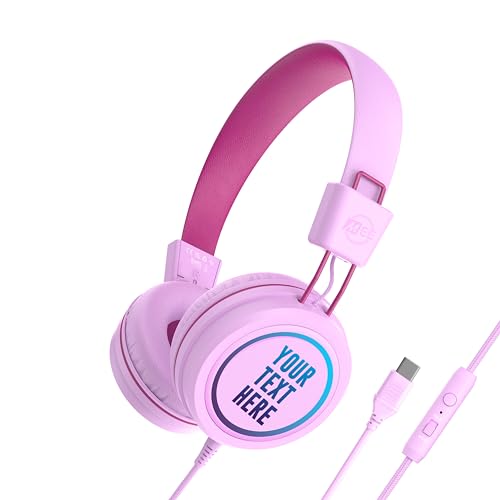 MEE audio KidJamz KJ55 Personalized USB-C Safe Listening Wired Headphones for Kids with Custom LED-Backlit Design, Volume Limiter, & Microphone for iPhone 15, iPad, & USB Type C Devices (Pink) - color: Pink, style: USB-C Customized
