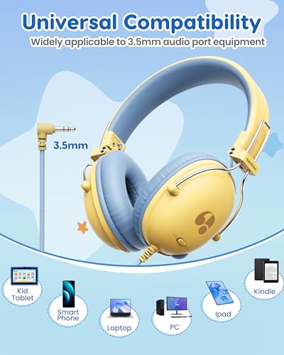 awatrue Kids Headphones, 74/85dB Safe Volume Limit, Stereo Sound, Wired On-Ear Headphones for Kids Boys Girls, 3.5mm Jack for Tablet, iPad, Kindle, YOTO Player, Airplane Travel, Yellow - color: Yellow-Blue