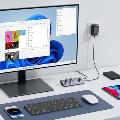 Powered USB Hub, JESWO 7-Port USB 3.0 Hub, Aluminum USB Data Hub with 3.3ft Cable, USB Hub 3.0 Powered with 5V/4A Power Adapter for MacBook, Notebook PC, USB-Flash Drives, Mobile HDD and More (Grey) - color: Grey