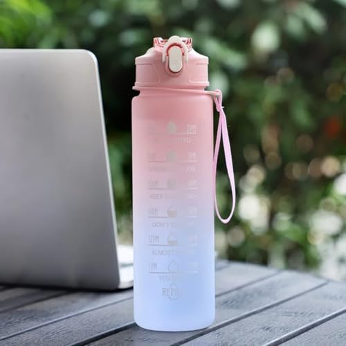 Motivational Water Bottle with Time Markers, 25oz, Gradient Blue-Orange, Leak-Proof Lid with Strap