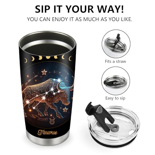 Horoscope Taurus 20oz Insulated Tumblers Mug Cup Gifts for Birthday Boys Girls Men Women Son Daughter Travel Essentials Accessories Must Have Cold Iced 20oz - color: Taurus-652