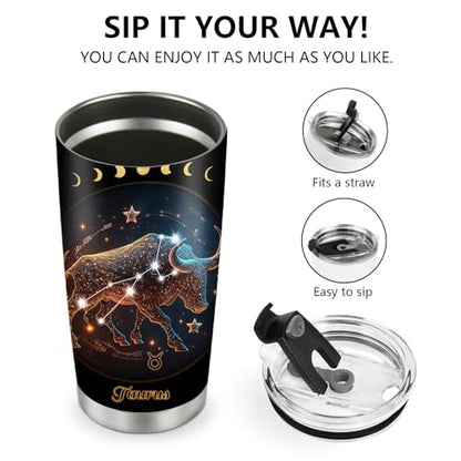 Horoscope Taurus 20oz Insulated Tumblers Mug Cup Gifts for Birthday Boys Girls Men Women Son Daughter Travel Essentials Accessories Must Have Cold Iced 20oz - color: Taurus-652