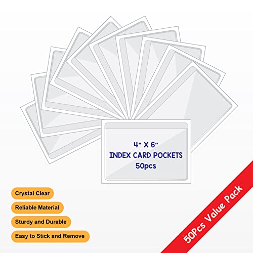 IMAGAME Clear Adhesive 4" x 6" Index Card Pockets, Labels Holders, 50 Pack | Top Open for Loading, Plastic Labels Holders, For Storage Bins and Library Card, Organizing and Protecting Cards, Photos - size: 4-5/8" x 6-5/16" for 4" x 6" Cards