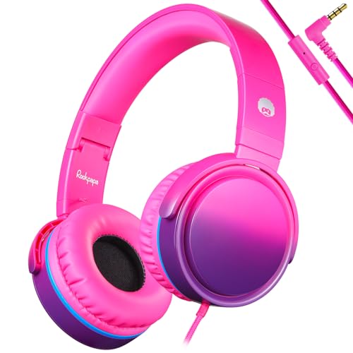 rockpapa Grade Wired Headphones with Microphone, Lightweight Foldable Stereo Bass Headphones with No-Tangle Cord & 3.5mm Jack for Women/Kids, Laptop Tablet Airplane Chromebooks Pink - color: Pink