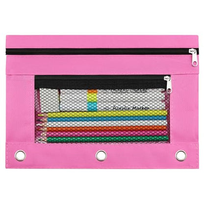 3 Ring Pencil Pouch for Binder, 2-Pocket Zipper Pencil Case with Clear Window & Mesh Pocket, Heavy Duty 600D Oxford Fabric Binder Pouch for School Office Supplies, Fits Standard 3-Ring Binders, Pink - color: Pink