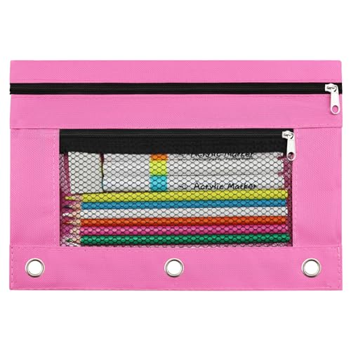 3 Ring Pencil Pouch for Binder, 2-Pocket Zipper Pencil Case with Clear Window & Mesh Pocket, Heavy Duty 600D Oxford Fabric Binder Pouch for School Office Supplies, Fits Standard 3-Ring Binders, Pink - color: Pink