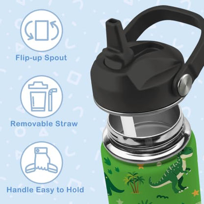 Hiboss Dinosaur Gifts for Boys, 16oz Kids Water Bottle with Straw Lid, Stainless Steel Insulated Dino Cup Tumbler, Dinosaur Lovers Birthday Gifts for School Sport Travel - color: Dinosaur