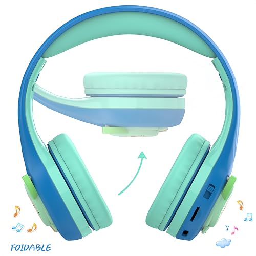 Riwbox CB-7S Kids Wireless Headphones,with Safe Volume Control 74/85/95dB,LED Glow Lights,50H Playtime,Bluetooth V5.3,Built-in Mic, TF Card Slot,for Travel/School/Phone/Laptop(Blue&Green) - color: Blue&Green