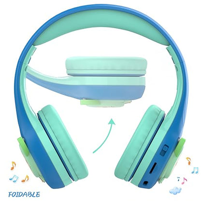 Riwbox CB-7S Kids Wireless Headphones,with Safe Volume Control 74/85/95dB,LED Glow Lights,50H Playtime,Bluetooth V5.3,Built-in Mic, TF Card Slot,for Travel/School/Phone/Laptop(Blue&Green) - color: Blue&Green