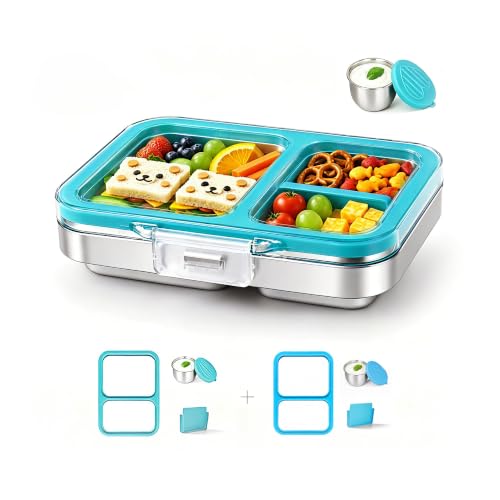 Leak-Resistant 18/8 Stainless Steel Bento Lunch Box Kids 7+ and Adults | 2 Swappable Style Accessories, BPA-Free Tritan Lid, Dishwasher Safe, School, Office & Travel - color: Cyan