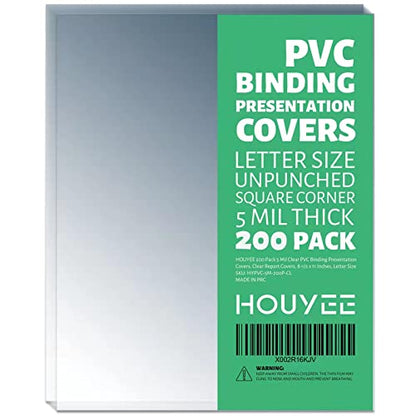 HOUYEE 200 Pack 5 Mil PVC Binding Presentation Covers, Clear Report Covers,8.5x11 Inches,Letter Size - size: 5mil,200P