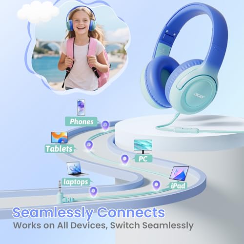 Acer Kids Headphones - 85/94dB Volume Limiter, Foldable Wired Over Ear Headphones for Travel, 3.5mm Jack, Toddler Headphones for School, Travel, iPad, Tablet, Blue Gradient, HK03 - color: Blue Gradient