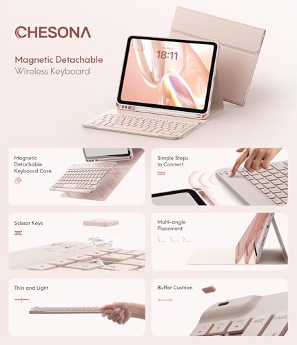 CHESONA Compatible for iPad 11th(A16)/10th Generation Case with Keyboard | Detachable Wireless Keyboard, Stand Folio Keyboard Cover with Pencil Holder, Thin & Light, Pale Pink - color: Pale Pink