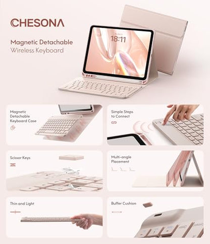 CHESONA Compatible for iPad 11th(A16)/10th Generation Case with Keyboard | Detachable Wireless Keyboard, Stand Folio Keyboard Cover with Pencil Holder, Thin & Light, Pale Pink - color: Pale Pink