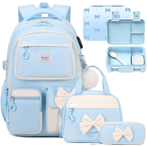 Bevalsa Backpack for Girls, Bow Bookpack with Bento Lunch Box, Insulated Bag & Utensils, 34oz Lunch Containers School Bags Set for Children Teens Kids Elementary Middle school Student (Pink) - color: Blue