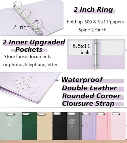 Leather 3 Ring Binder, 2 Inch Binders with Clipboards, 5-Tabs Pockets Dividers, 18 Divider Stikers, Plastic Folder, Pen Holder, Three Ring Binder with Pen Holder(Purple, Letter Size) - color: Purple, size: 2in（Letter Size）
