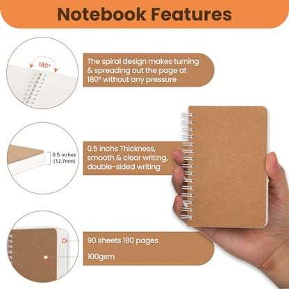 TWONE Spiral Notebook, 5 Pack Small Pocket Size Notebooks for Writing Drawing Note Taking, 3.5”x5.5”, 180 Ruled Pages, 90 Sheets - style: Ruled