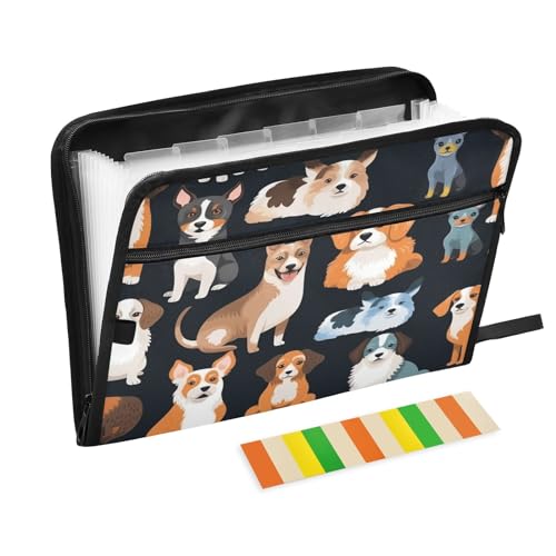 Animal Dog 13 Pocket File Organizer Expanding File Folder with Front Pouch Portable Business Fire Storage Document Organizer Folder with Zipper - color: Animal Dog