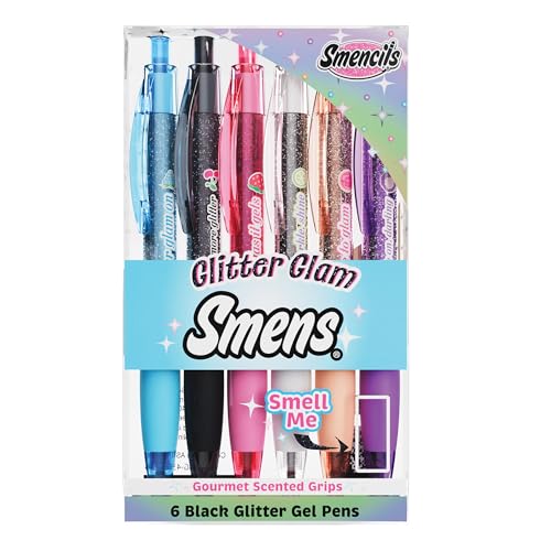Glitter Glam Smens - Patented Gourmet Scented Black Glitter Gel Ink Pens, Medium Point, 6 Count - Fun, Cute, Cool, Smelly Pens for Kids - color: Glitter Glam