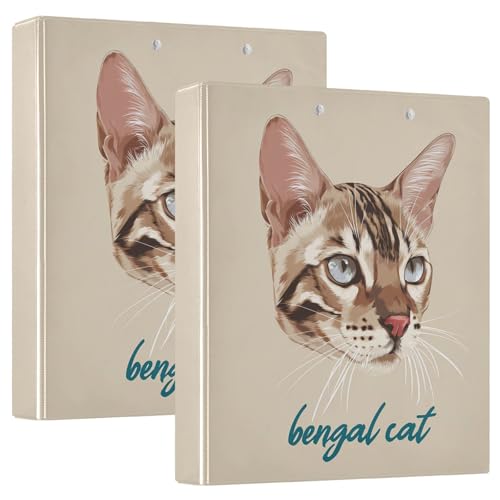 Fustylead Bengal Cat 3 Ring Binder, D-Rings 1.5" Hardcover Folder, Fits 200 Sheets of A4 Paper, Durable Clipboard & Clean View with Inside Pockets for School Home Office - size: 12.4x10.63x2.36 Inch-2 Pack