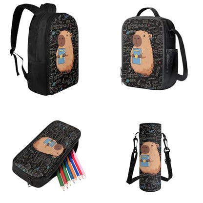 Capybara Backpacks for Boys with Lunch Box Pencil Case and Water Bottle Holder 4 PCS Set, 3rd Grade Boys Backpack Bookbag Accessories Sets for Kids Back to School Multifunctional Use - color: Cool Capybara
