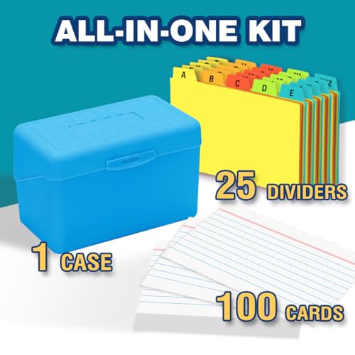 H4D 3x5 Index Card Holder with 100 Index Cards and 25 Dividers, Blue | 3x5 Inch Plastic Box, Heavyweight 3x5 Index Cards, Plastic 3x5 Index Card Dividers, Snap Closure Lid - color: Blue, size: 3"x5"