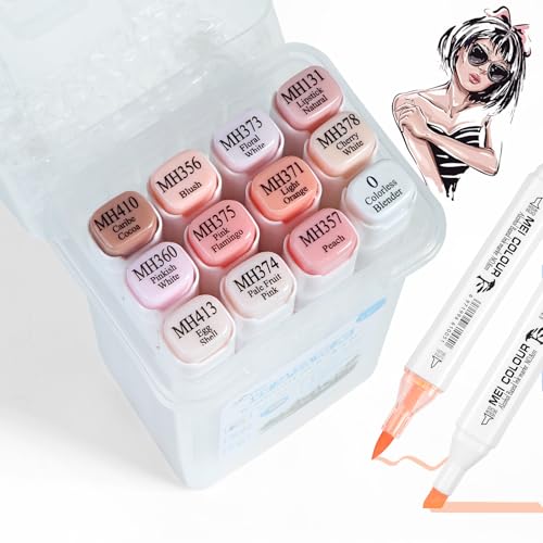 12 Color Skin Tone Pastel Alcohol Markers Brush &Chisel Dual Tips Set for Adults Beginners, Coloring Book Permanent Drawing Professional Marker Gift - color: FSRT12H