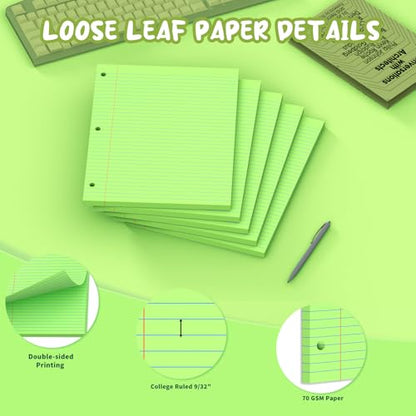 Green Loose Leaf Paper 8 x 10.5, 120 Sheets Lined Paper College Ruled Paper, 3 Hole Punched Notebook Paper College Ruled, 3 Ring Binder Paper 8 x 10.5, Filler Paper College Ruled for Office, School - color: Green-120 Pcs