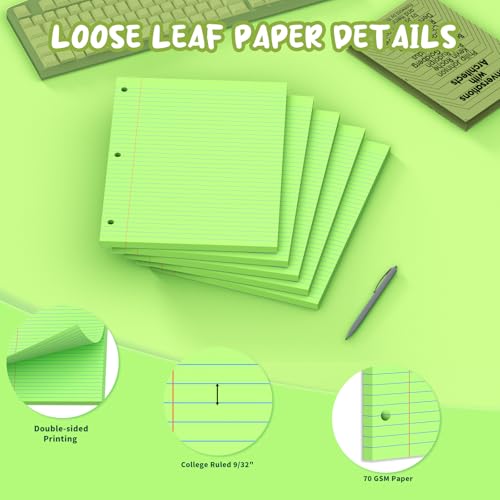 Green Loose Leaf Paper 8 x 10.5, 120 Sheets Lined Paper College Ruled Paper, 3 Hole Punched Notebook Paper College Ruled, 3 Ring Binder Paper 8 x 10.5, Filler Paper College Ruled for Office, School - color: Green-120 Pcs