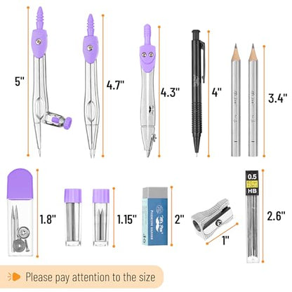 Mr. Pen- Geometry Set, 15 pcs, Purple, 6 Inch Swing Arm Protractor, Divider | Set Squares, Ruler, Compasses and Protractor - color: Purple