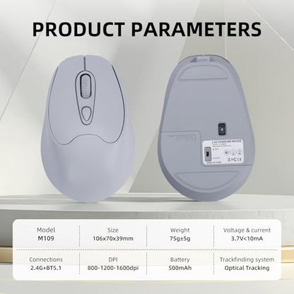 K06A Wireless Mouse,Bluetooth 5.1/5.0 + USB with USB Mini Receiver,Rechargeable Silent,Wireless BluetoothMouse 1000-1200-1600 DPI,5-Programmable Buttons,Compatible with PC,Mac, Laptop,Chromebook-Grey