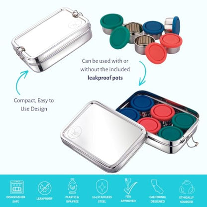 Stainless Steel Reusable Snack Bento Box: 6 50mL containers included | Plastic Free | Dishwasher Safe | No Spill, Leakproof | Perfect Toddler Lunch Box for School, Airplane, On-the-go