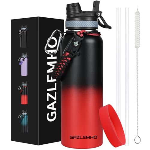 GAZLEMHO 40 oz Insulated Water Bottle with Straw& Spout 2-in-1 Lid, Triple Wall Vacuum Stainless Steel Cold 48H, Leak Proof Sports Metal Flask Jug with Paracord Handle, Black Red - color: Ice Coke, size: 40 Ounces