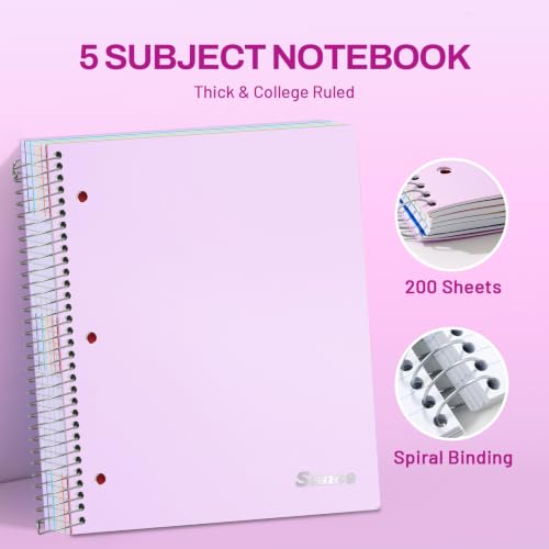 SUNEE 5 Subject Notebook College Ruled - 400 Pages, 9"x11", 5 Pocket Colored Dividers, 3-Hole Punched Paper, Purple - color: Purple, style: College Ruled