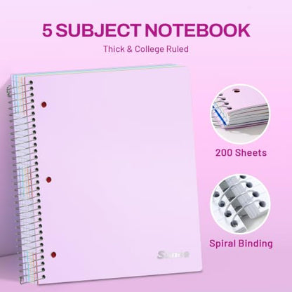 SUNEE 5 Subject Notebook College Ruled - 400 Pages, 9"x11", 5 Pocket Colored Dividers, 3-Hole Punched Paper, Purple - color: Purple, style: College Ruled
