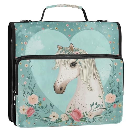 Boccsty Horse Flowers Zipper Binder 3 Ring Binders Expanding File Folder Multi-Pocket Zipper Binder Organizer for School Shoulder Strap and Handle - color: Multicolored 02