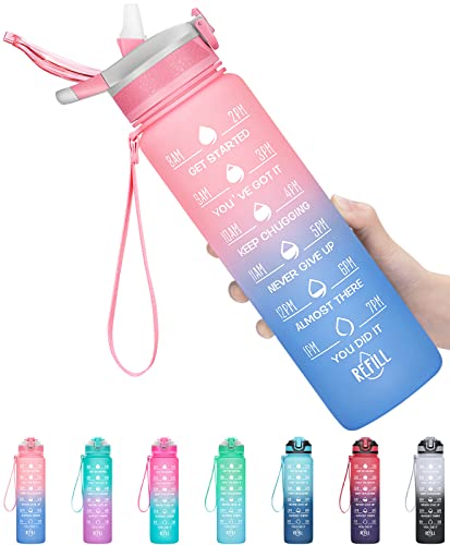 32OZ Motivational Fitness Sports Water Bottle with Straw & Time Maker, BPA-free, Tritan Plastic, Leak-proof Ensure you Stay Hydrated Throughout The Day for Gym, Outdoor Sports (Omber: Rose Serenity) - color: Omber: Rose Serenity