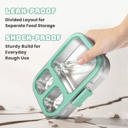 LOHASOK Kids Stainless Steel Lunch Bento Box BPA-Free Leak-Proof Tritan Lid 304 Metal Food Container with 3 Compartments for Girls Boys School Green - color: Green, size: 27oz/800ml