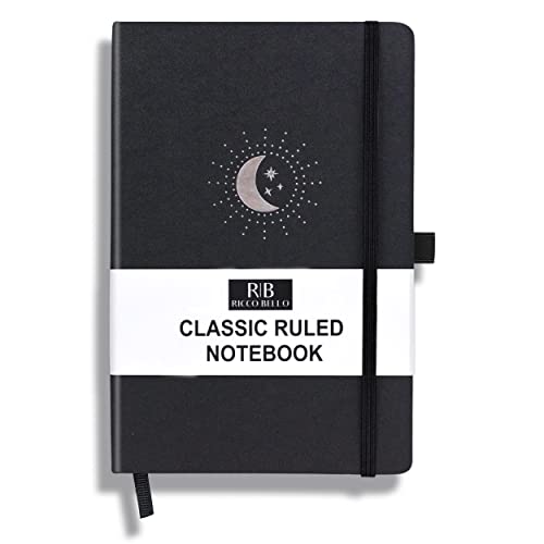 RICCO BELLO Lined Journal Notebook, Black Moon & Stars | Faux Leather Hardcover, With Pen Holder, 96 Sheets / 192 Pages, College Ruled, 5.7 x 8.4 Inches - color: Black Moon & Stars
