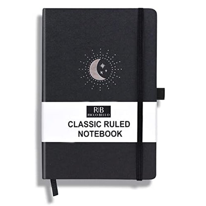 RICCO BELLO Lined Journal Notebook, Black Moon & Stars | Faux Leather Hardcover, With Pen Holder, 96 Sheets / 192 Pages, College Ruled, 5.7 x 8.4 Inches - color: Black Moon & Stars