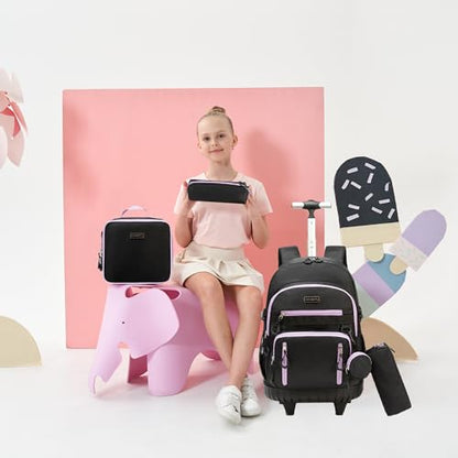 Backpack with Wheels for Girls Rolling Backpack for Kids 8-12 Roller Backpacks for Girls 10-12 School with Lunch Bag Pencil Case - color: Solid New Black Purple